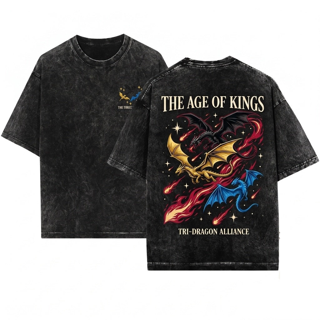 Mythical Flying Dragons Embroidered Vintage Graphic Unisex Wash T-Shirt