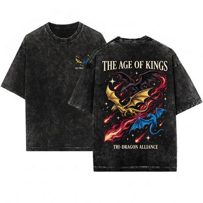 Mythical Flying Dragons Embroidered Vintage Graphic Unisex Wash T-Shirt