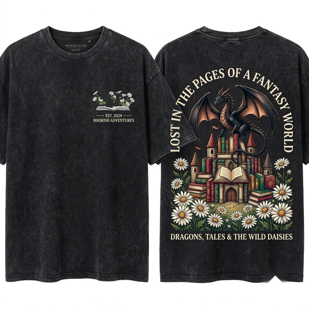 Cozy Embroidered Dragon Daisies Bookish Reader Gift Unisex Wash T-Shirt