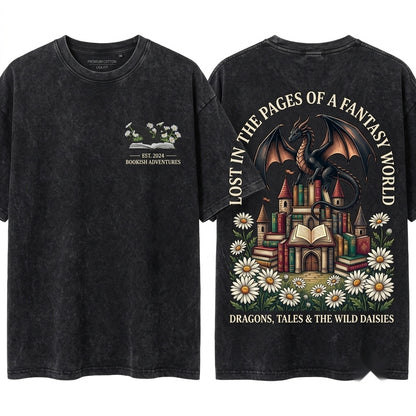 Cozy Embroidered Dragon Daisies Bookish Reader Gift Unisex Wash T-Shirt