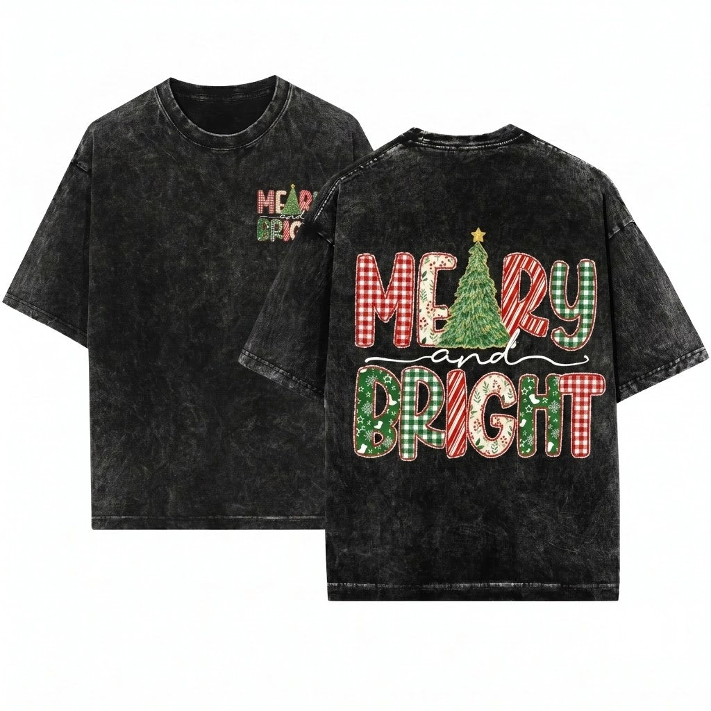 Lace Preppy Merry Bright Christmas Tree Plaid Checkered Xmas Doodles PNG Unisex Wash T-Shirt