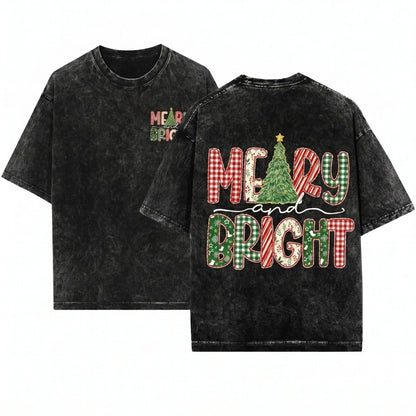 Lace Preppy Merry Bright Christmas Tree Plaid Checkered Xmas Doodles PNG Unisex Wash T-Shirt