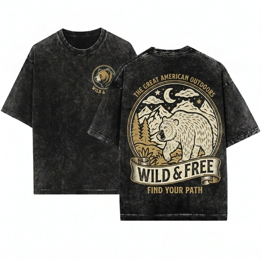Vintage Rustic Mountain Grizzly Bear Outdoor Adventure Graphic Apparel Unisex Wash T-Shirt