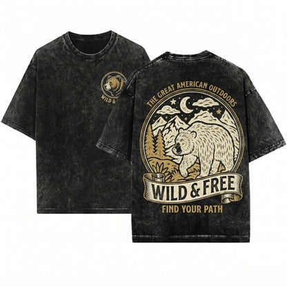 Vintage Rustic Mountain Grizzly Bear Outdoor Adventure Graphic Apparel Unisex Wash T-Shirt