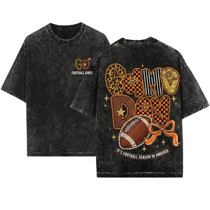 Preppy Leopard Checkered Star Game Day Football Season Black White Graphic Unisex Wash T-Shirt