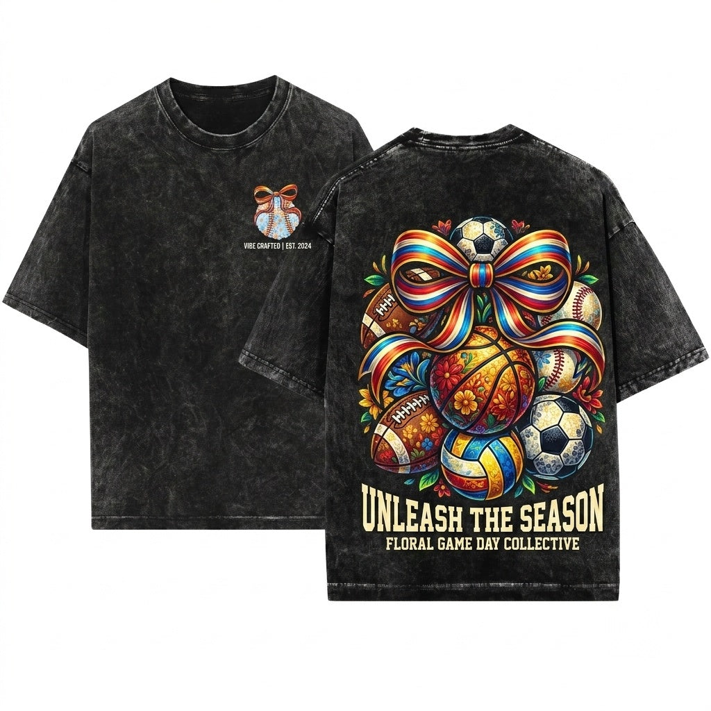 Floral Coquette Bow Baseball Volleyball Football Sport Ball School Team Game Day Graphic Unisex Wash T-Shirt
