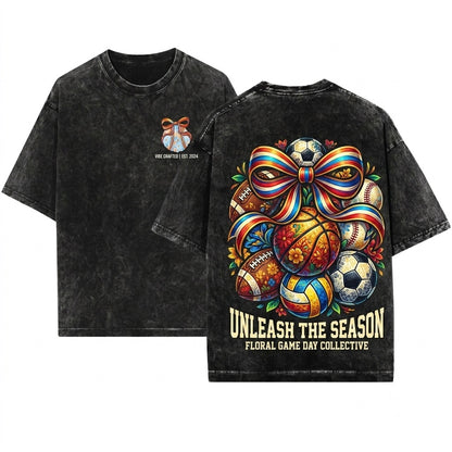 Floral Coquette Bow Baseball Volleyball Football Sport Ball School Team Game Day Graphic Unisex Wash T-Shirt
