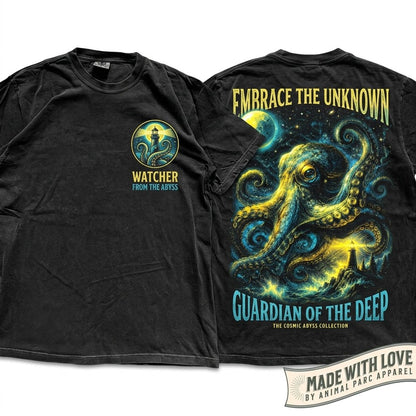 Octopus Full Moon Ocean Life Sea Creature Lighthouse Beach Holiday Dark Vintage Unisex Wash T-Shirt