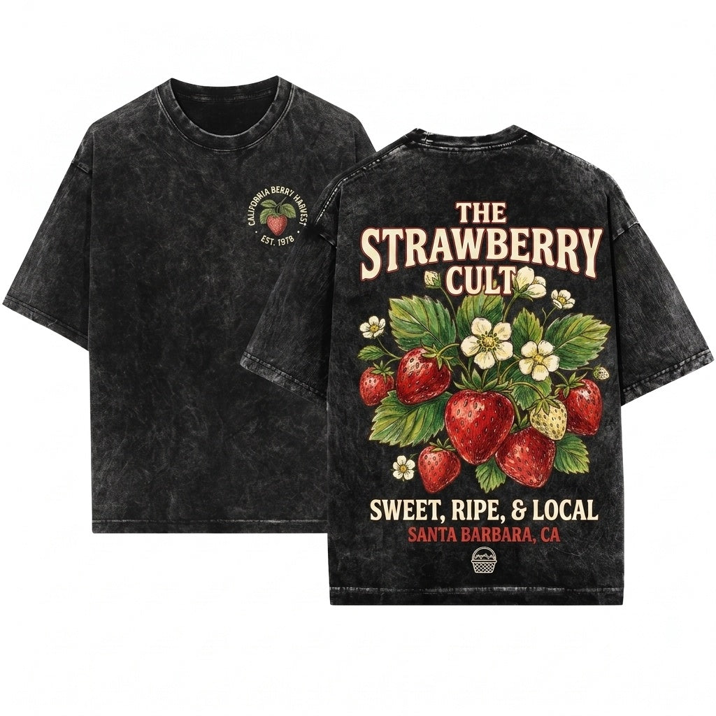 Vintage Botanical Strawberry Fruit Club Graphic Print Unisex Wash T-Shirt