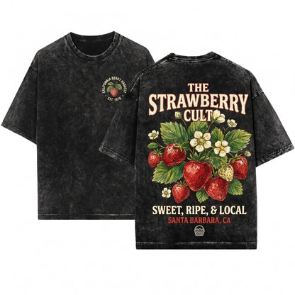 Vintage Botanical Strawberry Fruit Club Graphic Print Unisex Wash T-Shirt