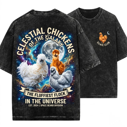 Silkie Chicken Retro Moon Vintage Graphic Funny Oversized Unisex Wash T-Shirt