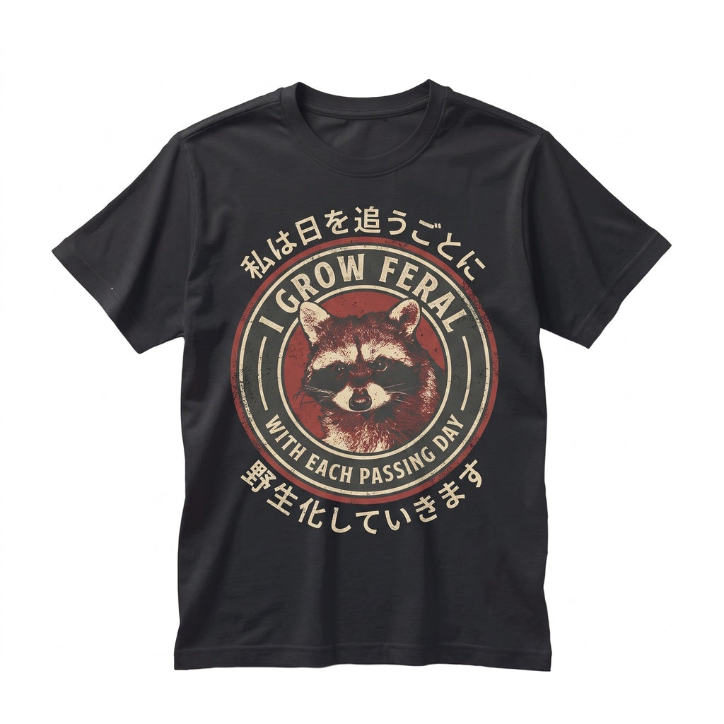 I Grow Feral Raccoon Vintage Retro Japanese Graphic Aesthetic Short Sleeve Cotton Apparel Unisex TShirt