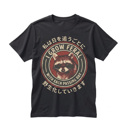 I Grow Feral Raccoon Vintage Retro Japanese Graphic Aesthetic Short Sleeve Cotton Apparel Unisex TShirt