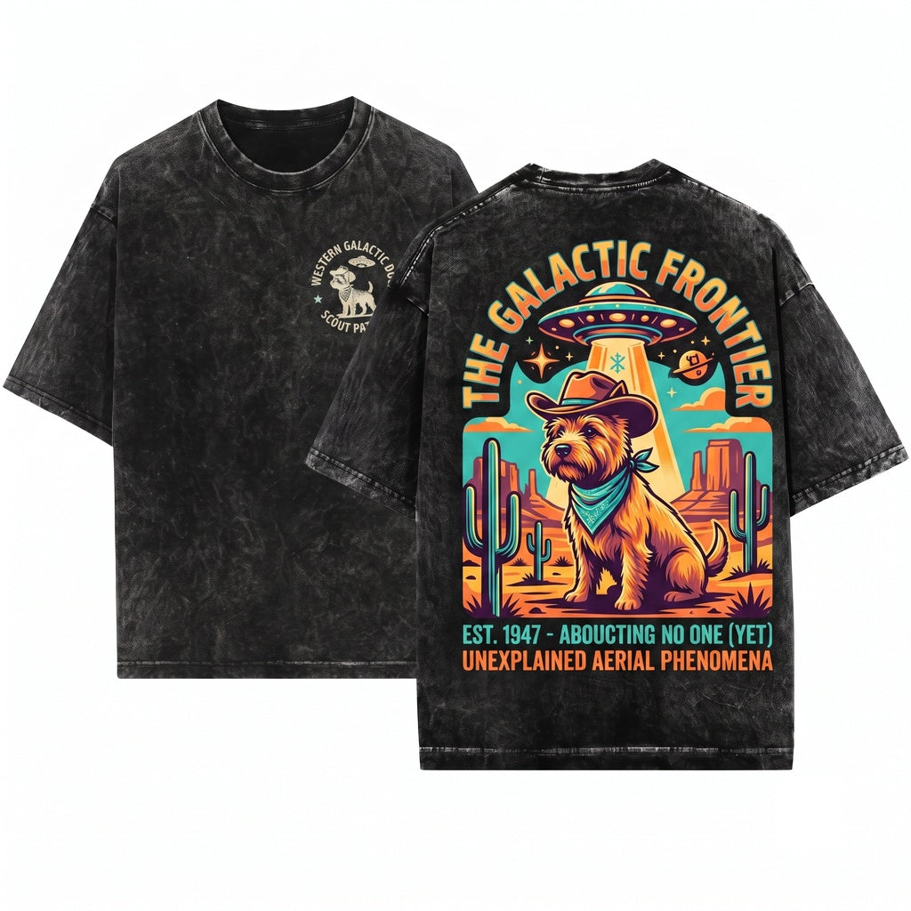 Vintage Earthdog Cairn UFO Retro Alien Western Cowboy Pet Present Unisex Wash T-Shirt