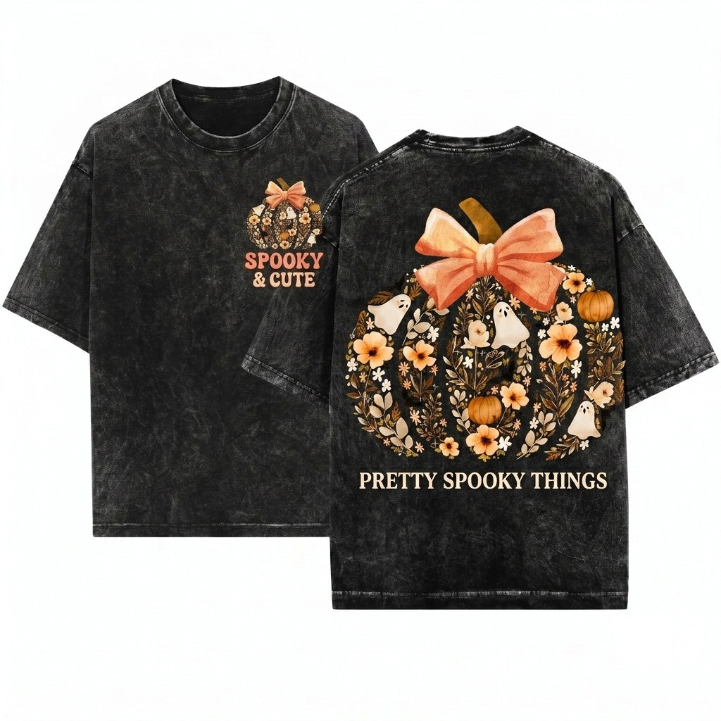 Vintage Floral Pumpkin Ghost Fall Bow Halloween Graphic Unisex Wash T-Shirt