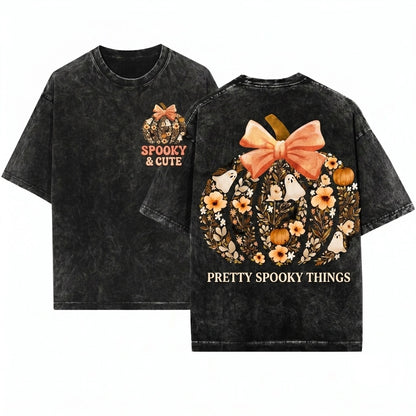 Vintage Floral Pumpkin Ghost Fall Bow Halloween Graphic Unisex Wash T-Shirt