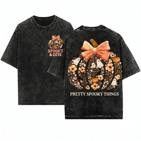 Vintage Floral Pumpkin Ghost Fall Bow Halloween Graphic Unisex Wash T-Shirt