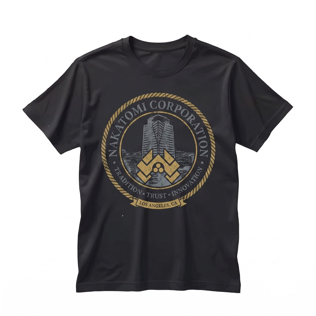 Nakatomi Plaza 1980s Retro Action Film Graphic Logo Back Print Unisex TShirt
