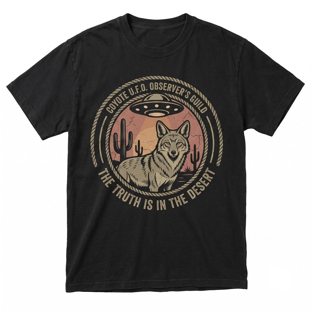Vintage Desert Coyote UFO Graphic Southwestern Alien Abduction Cactus Sunset Retro Western Gift Men Women Unisex TShirt