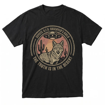 Vintage Desert Coyote UFO Graphic Southwestern Alien Abduction Cactus Sunset Retro Western Gift Men Women Unisex TShirt