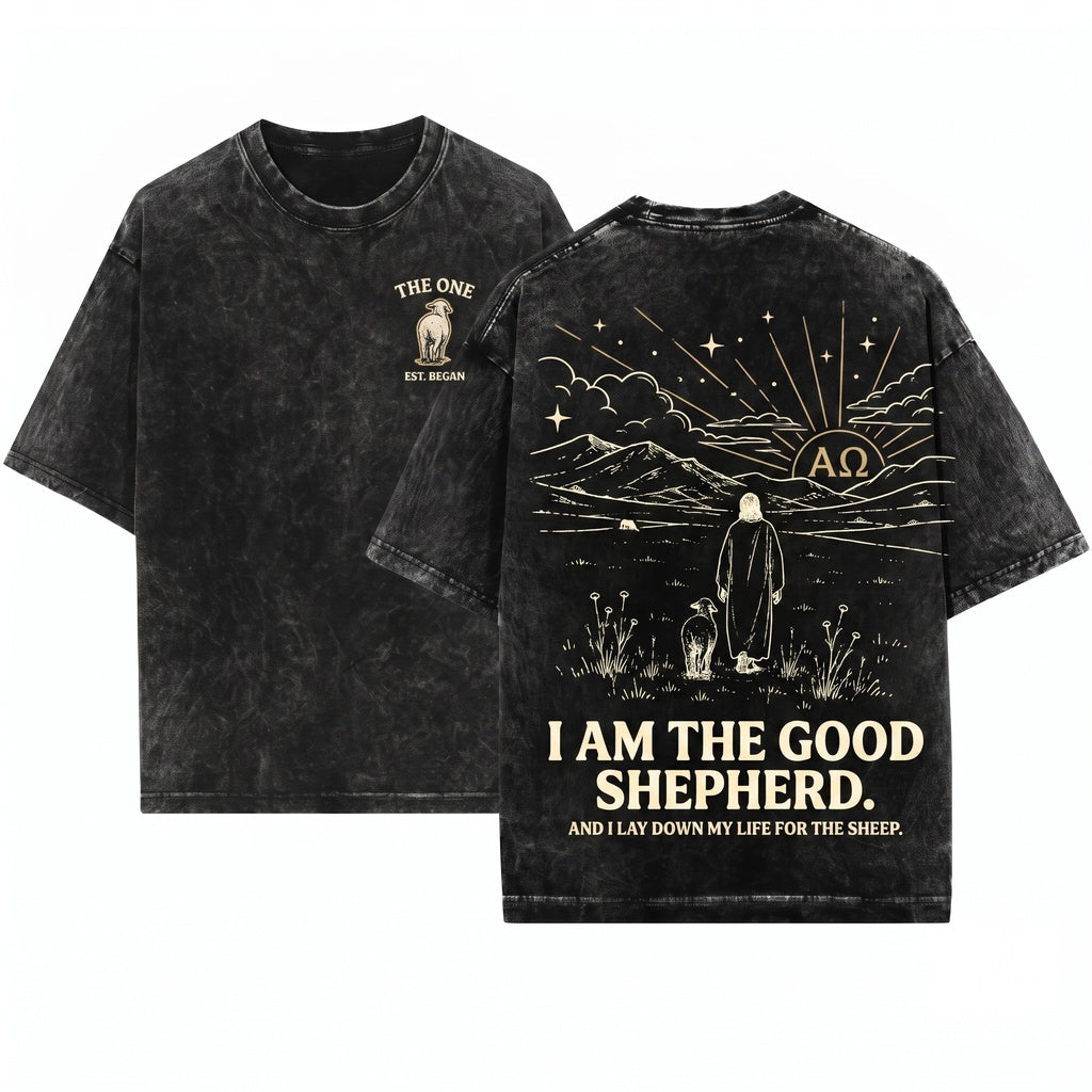 Jesus Shepherd Christian Mountain Landscape Minimalist Faith Graphic Religious Boho Gift Unisex Wash T-Shirt