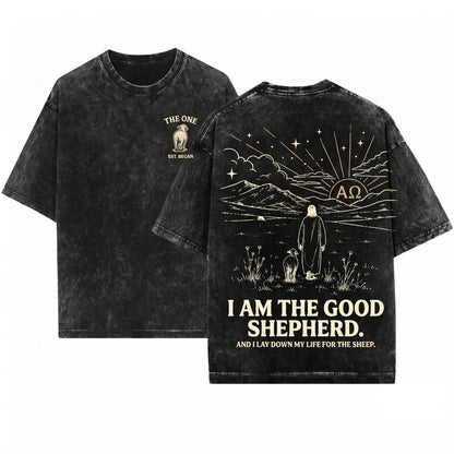 Jesus Shepherd Christian Mountain Landscape Minimalist Faith Graphic Religious Boho Gift Unisex Wash T-Shirt