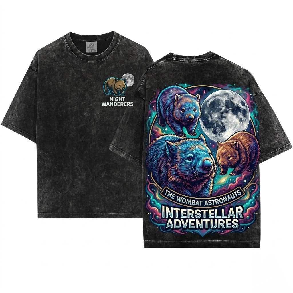 Three Wombats Graphic Galaxy Moon Space Cute Aussie Funny Australian Animal Wildlife Unisex Wash T-Shirt