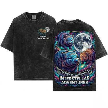 Three Wombats Graphic Galaxy Moon Space Cute Aussie Funny Australian Animal Wildlife Unisex Wash T-Shirt