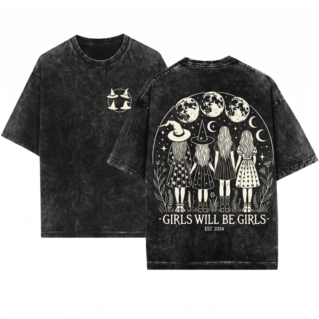 Girls Will Be Witch Vintage Halloween Humor Feminist Spooky Unisex Wash T-Shirt
