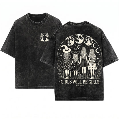 Girls Will Be Witch Vintage Halloween Humor Feminist Spooky Unisex Wash T-Shirt