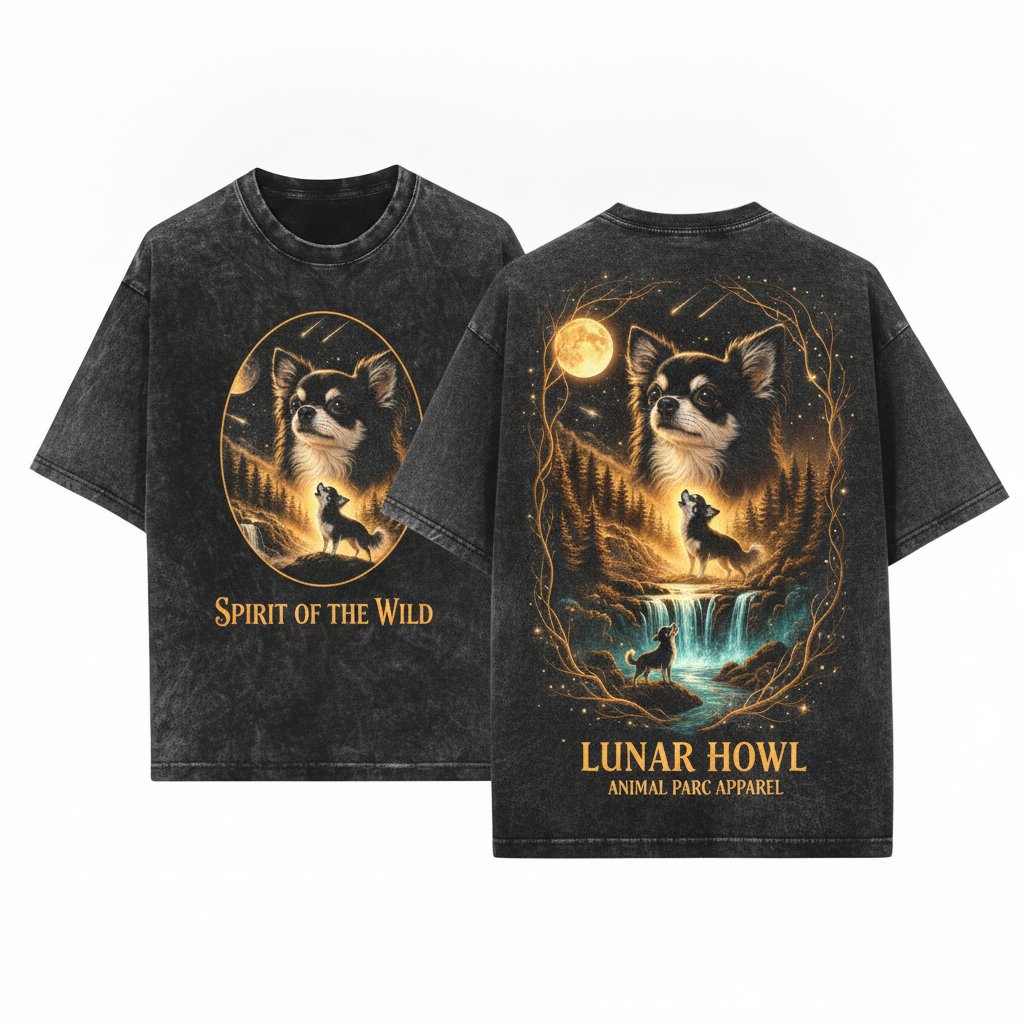 Chihuahua Howling Moon Vintage Graphic Gift Long Hair Retro Unisex Wash T-Shirt