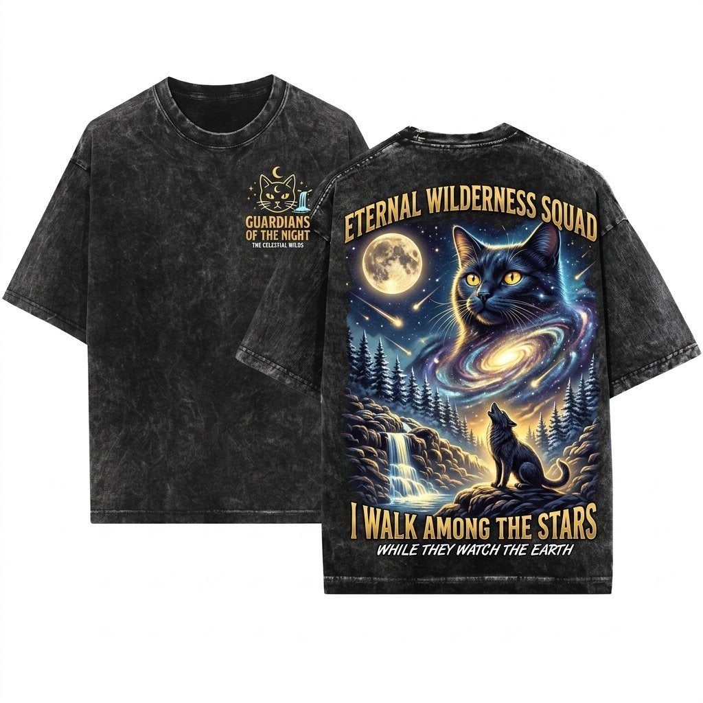 Black Cat Howling Moon Graphic Top Retro Kitten Apparel Gift Unisex Wash T-Shirt