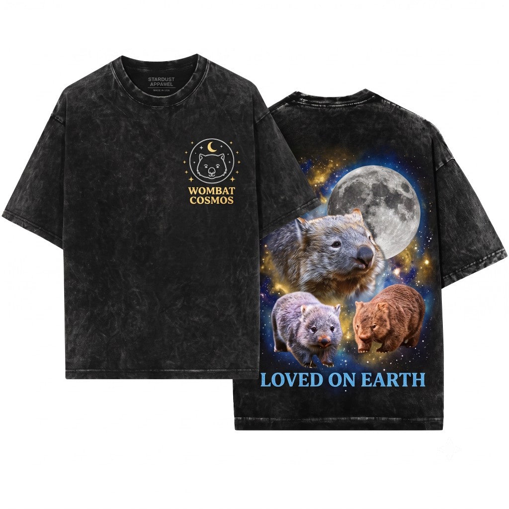 Three Wombats Galaxy Moon Space Funny Cute Aussie Wildlife Graphic Unisex Wash T-Shirt