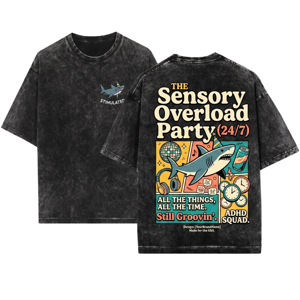 Overstimulated Party Hat Shark Embroidered Funny Weirdcore Summer Neurodivergent Ocean Vibes Unisex Wash T-Shirt
