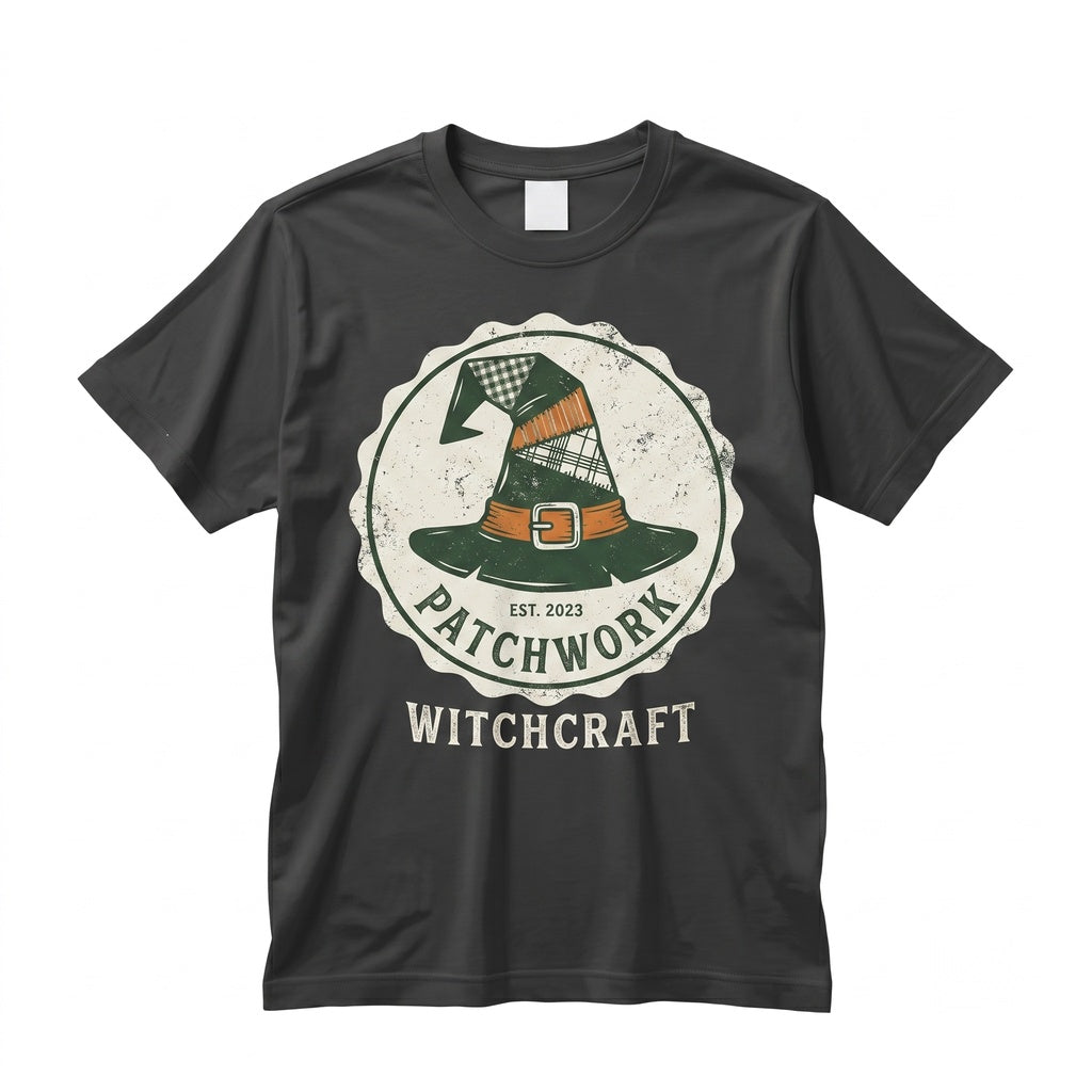 Faux Patchwork Witch Hat Graphic Halloween Spooky Season Sweatshirt Witchy Vibes Unisex TShirt