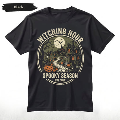 Haunted Halloween Village Spooky Cottage Pumpkin Black Cat Moon Bat Autumn Gothic Gift for Fall Lovers Unisex TShirt