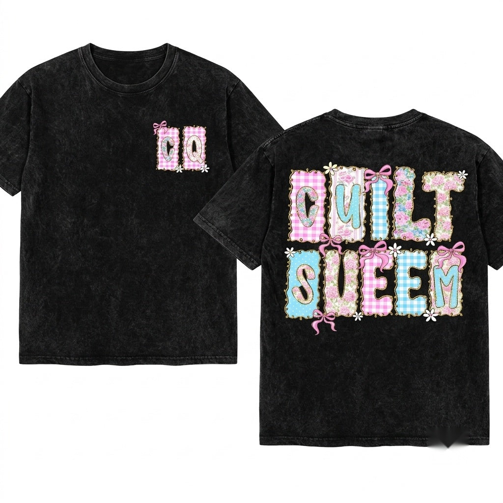Custom Floral Gingham Coquette Personalized Preppy Blue Pink Letters Mothers Day Gift Unisex Wash T-Shirt