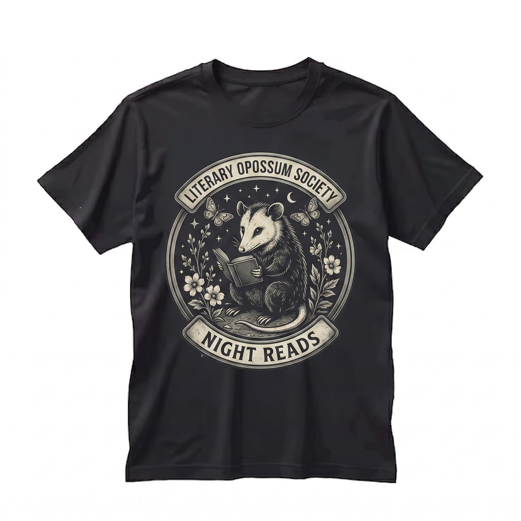 Vintage Reading Opossum Graphic Cute Book Lover Woodland Animal Cozy Nature Aesthetic Reader Gift Unisex TShirt