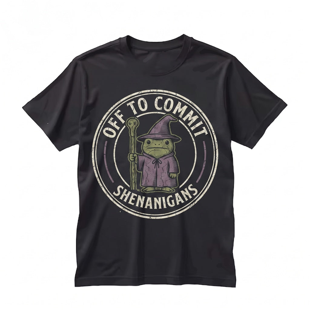 Off to Commit Shenanigans Wizard Frog Funny Tabletop Fantasy Nerd Embroidered Gift Unisex TShirt