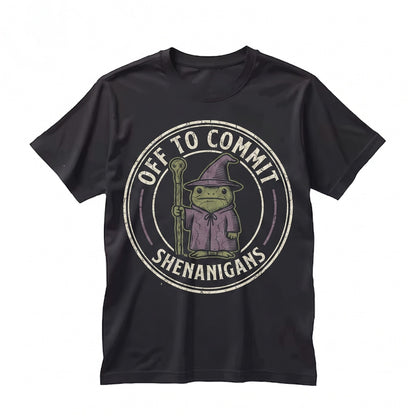 Off to Commit Shenanigans Wizard Frog Funny Tabletop Fantasy Nerd Embroidered Gift Unisex TShirt