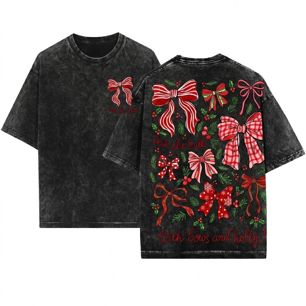 Retro Plaid Christmas Coquette Red Holiday Bows Xmas Clip Art Unisex Wash T-Shirt