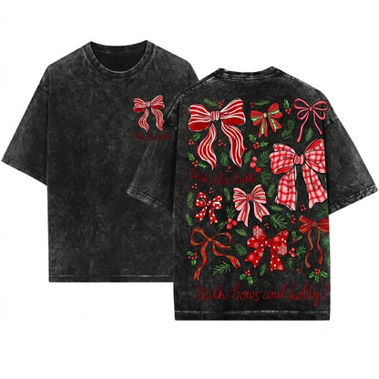 Retro Plaid Christmas Coquette Red Holiday Bows Xmas Clip Art Unisex Wash T-Shirt