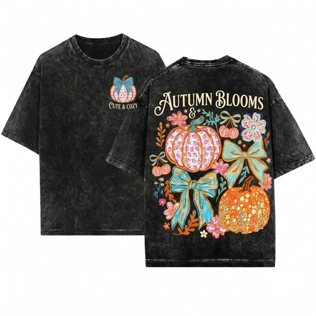 Colorful Floral Coquette Brushstroke Glitter Pumpkin Bow Trendy Thanksgiving Autumn Girly Faux Unisex Wash T-Shirt