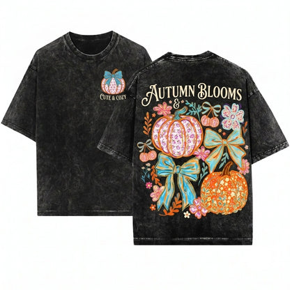 Colorful Floral Coquette Brushstroke Glitter Pumpkin Bow Trendy Thanksgiving Autumn Girly Faux Unisex Wash T-Shirt