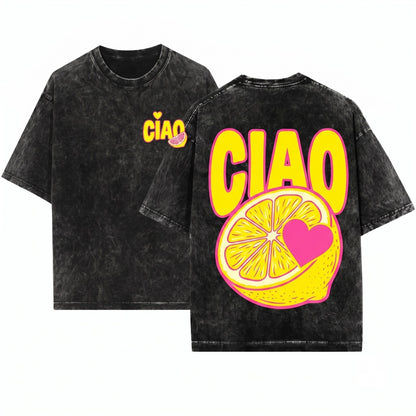 Ciao Lemon Graphic Italian Summer Citrus Print Vintage Crewneck Short Sleeve Unisex Wash T-Shirt
