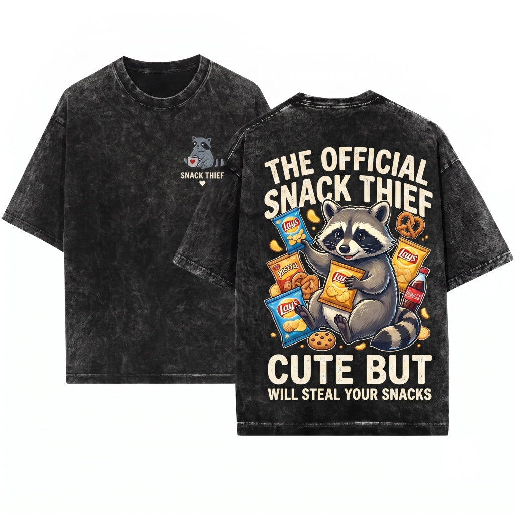 Cute Embroidered Raccoon Stealing Snacks Funny Feral Unhinged Goblin Gift Unisex Wash T-Shirt