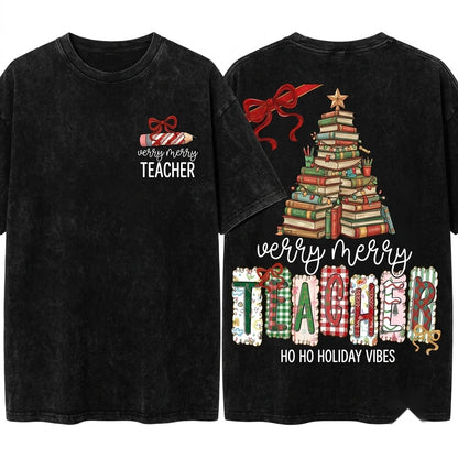Preppy Plaid Very Merry Leopard Teacher Christmas Holiday PNG Gift Unisex Wash T-Shirt