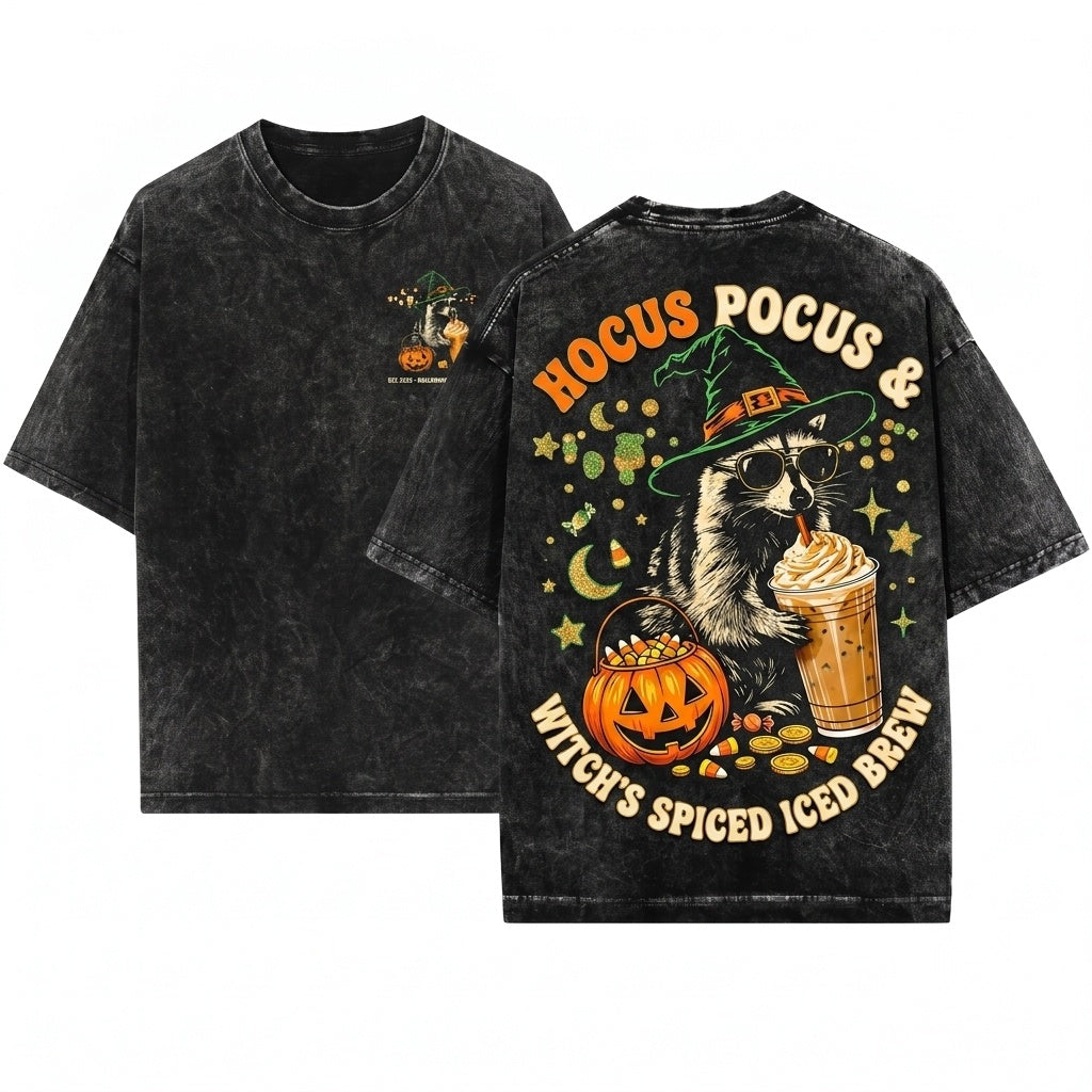 Halloween Raccoon Drinking Pumpkin Spice Coffee Lover Cute Witch Spooky Fall Autumn Gift Graphic Unisex Wash T-Shirt