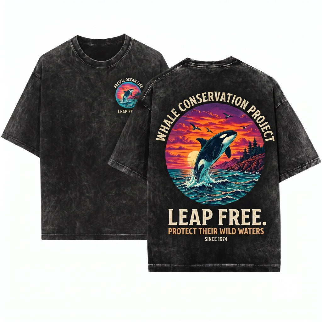 Vintage Orca Whale Ocean Sunset Graphic Pacific Coastal Marine Wildlife Sea Life Gift Unisex Wash T-Shirt
