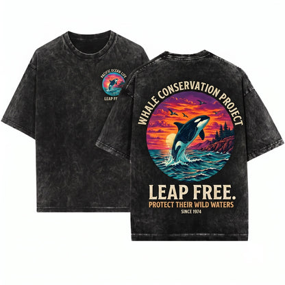 Vintage Orca Whale Ocean Sunset Graphic Pacific Coastal Marine Wildlife Sea Life Gift Unisex Wash T-Shirt